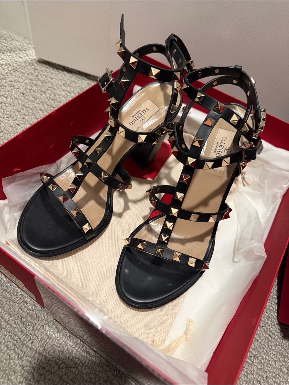 Valentino Black Leather Studded Block Heel Sandals